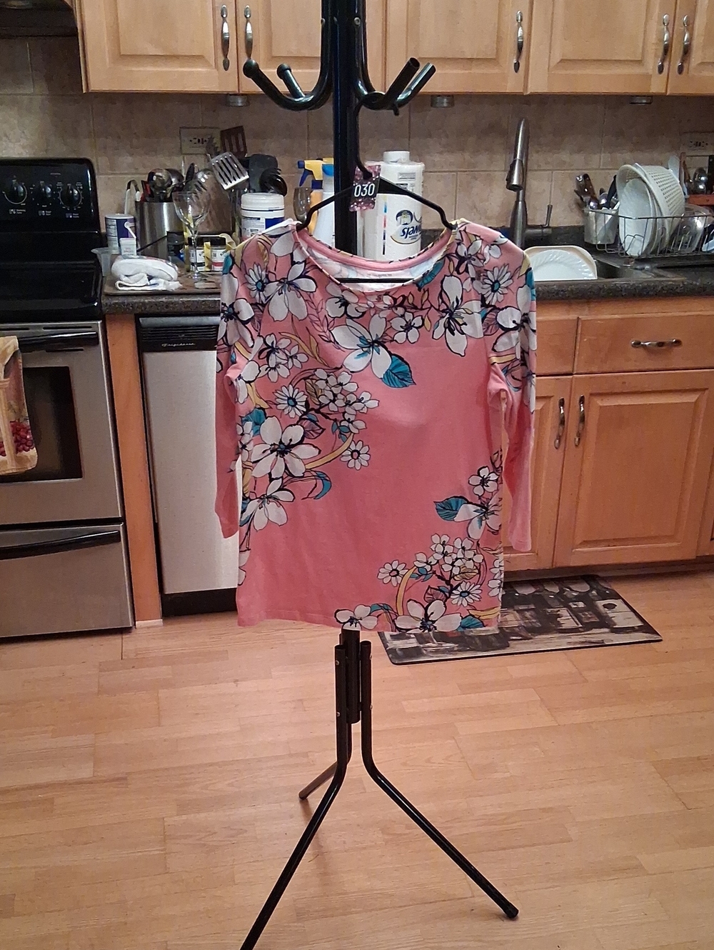 Talbots Pink Floral Long Sleeve Tee with Teal Accents Medium Petite